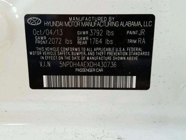 5NPDH4AEXDH430736 - 2013 HYUNDAI ELANTRA GL WHITE photo 10