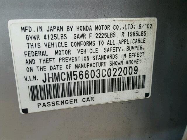 JHMCM56603C022009 - 2003 HONDA ACCORD EX SILVER photo 10