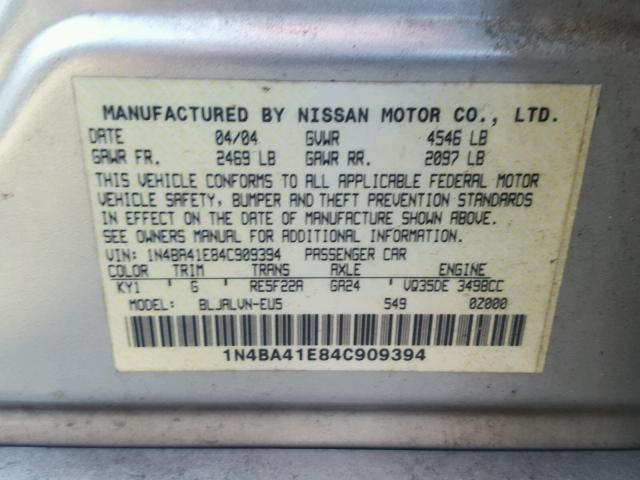 1N4BA41E84C909394 - 2004 NISSAN MAXIMA SE SILVER photo 10