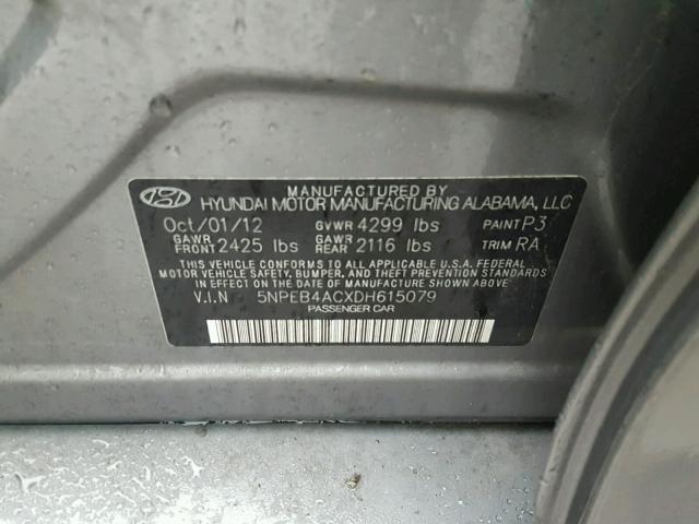 5NPEB4ACXDH615079 - 2013 HYUNDAI SONATA GRAY photo 10