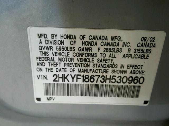 2HKYF18673H530960 - 2003 HONDA PILOT EXL SILVER photo 10