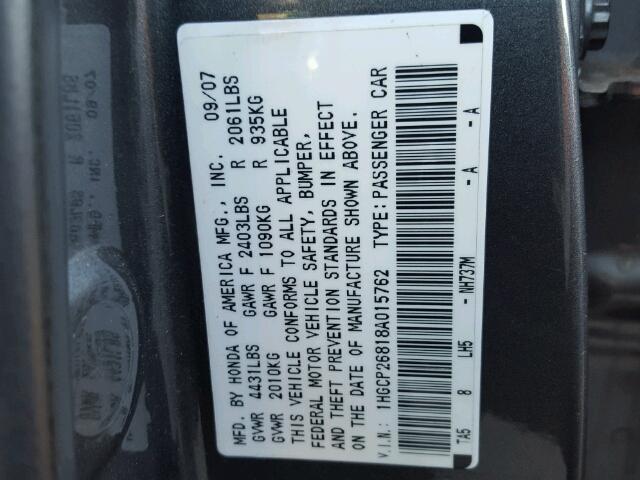 1HGCP26818A015762 - 2008 HONDA ACCORD EXL GRAY photo 10