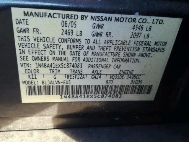 1N4BA41EX5C874083 - 2005 NISSAN MAXIMA SE GRAY photo 10