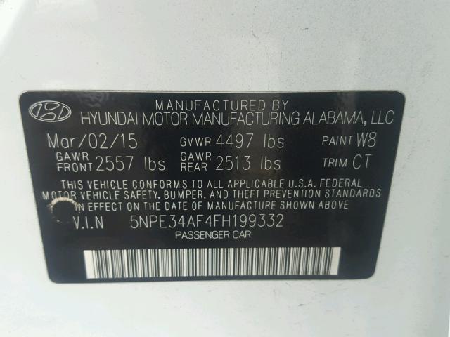 5NPE34AF4FH199332 - 2015 HYUNDAI SONATA SPO WHITE photo 10