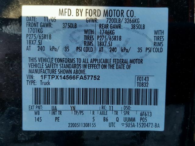 1FTPX14566FA57752 - 2006 FORD F150 BLACK photo 10