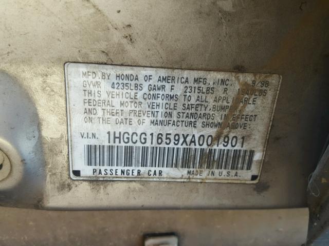 1HGCG1659XA001901 - 1999 HONDA ACCORD EX SILVER photo 10