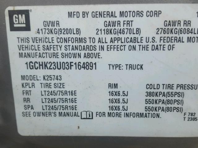 1GCHK23U03F164891 - 2003 CHEVROLET SILVERADO TAN photo 10