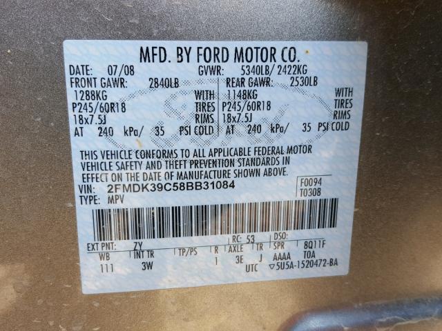 2FMDK39C58BB31084 - 2008 FORD EDGE LIMIT SILVER photo 10