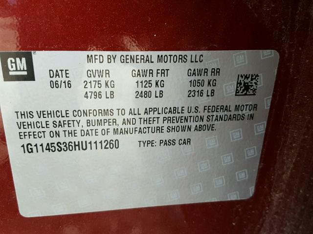 1G1145S36HU111260 - 2017 CHEVROLET IMPALA PRE MAROON photo 10