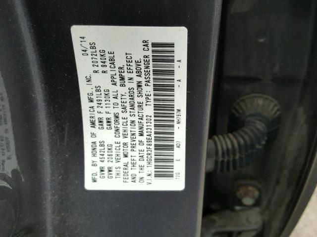 1HGCR3F89EA031302 - 2014 HONDA ACCORD EXL GRAY photo 10