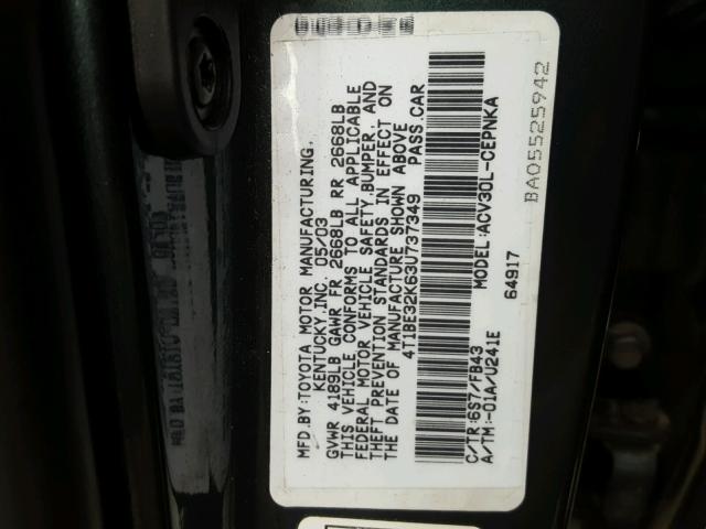 4T1BE32K63U737349 - 2003 TOYOTA CAMRY LE 蓝色 照片 10