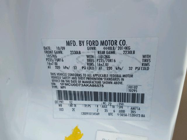 1FMCU0D73AKA86575 - 2010 FORD ESCAPE WHITE photo 10