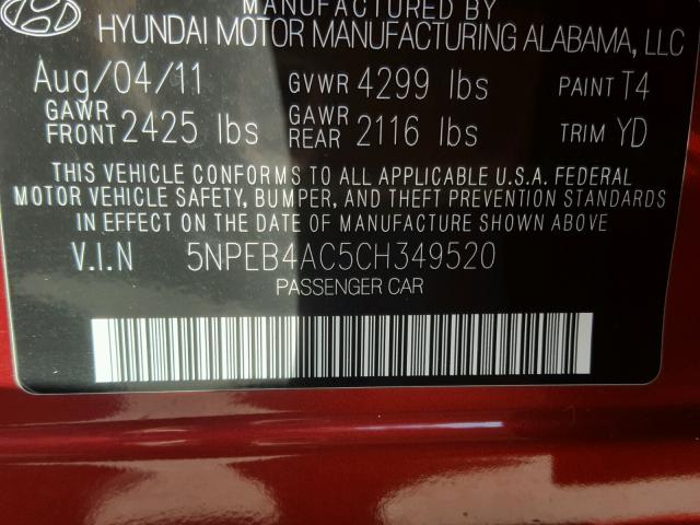 5NPEB4AC5CH349520 - 2012 HYUNDAI SONATA GLS RED photo 10