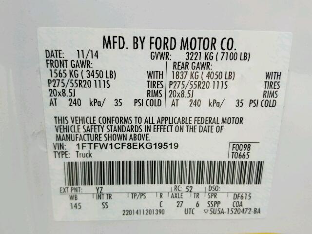 1FTFW1CF8EKG19519 - 2014 FORD F150 SUPER WHITE photo 10