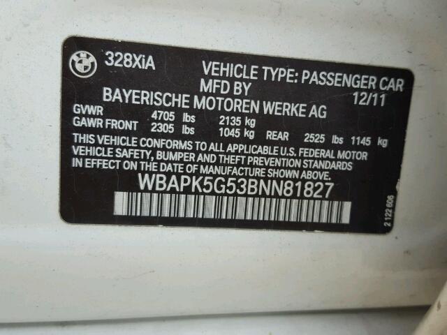 WBAPK5G53BNN81827 - 2011 BMW 328 XI SUL WHITE photo 10