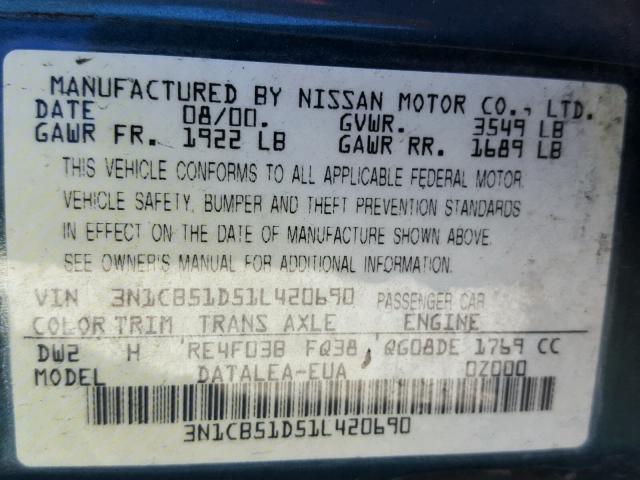 3N1CB51D51L420690 - 2001 NISSAN SENTRA XE GREEN photo 10