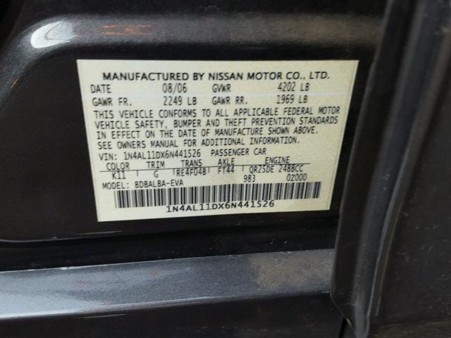 1N4AL11DX6N441526 - 2006 NISSAN ALTIMA S GRAY photo 10