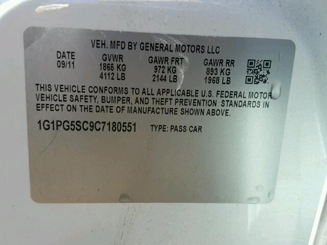 1G1PG5SC9C7180551 - 2012 CHEVROLET CRUZE LT WHITE photo 10