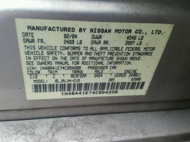 1N4BA41E74C894208 - 2004 NISSAN MAXIMA SE BEIGE photo 10