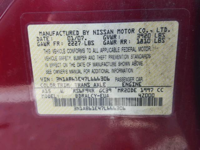 3N1AB61E47L666306 - 2007 NISSAN SENTRA 2.0 RED photo 10