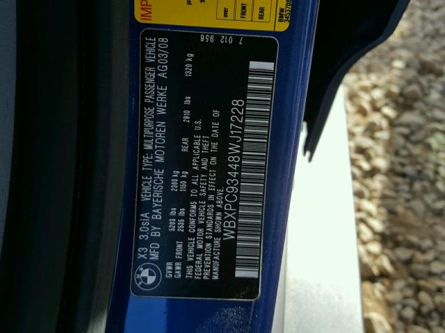 WBXPC93448WJ17228 - 2008 BMW X3 3.0SI BLUE photo 10