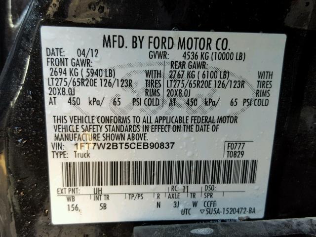 1FT7W2BT5CEB90837 - 2012 FORD F250 SUPER BLACK photo 10