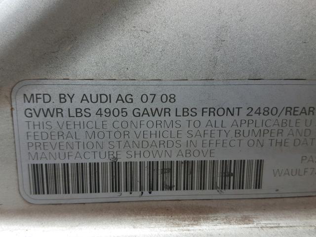 WAULF78K79N011763 - 2009 AUDI A4 2.0T QU SILVER photo 10