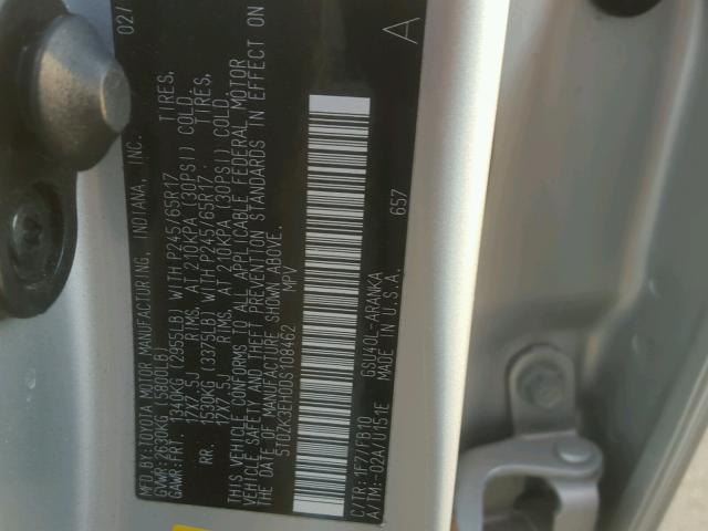 5TDZK3EH0DS108462 - 2013 TOYOTA HIGHLANDER SILVER photo 10