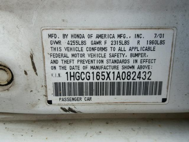 1HGCG165X1A082432 - 2001 HONDA ACCORD EX WHITE photo 10