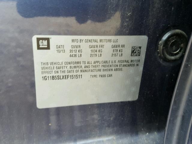 1G11B5SLXEF151511 - 2014 CHEVROLET MALIBU LS ლურჯი ფოტო 10
