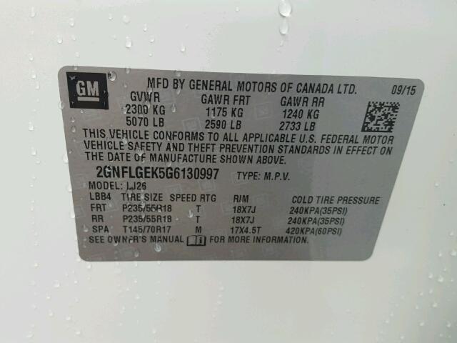 2GNFLGEK5G6130997 - 2016 CHEVROLET EQUINOX LT WHITE photo 10