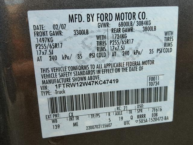 1FTRW12W47KC47419 - 2007 FORD F150 SUPER GRAY photo 10