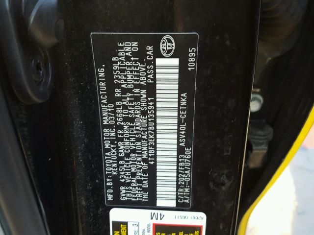 4T1BF3EK7BU135941 - 2011 TOYOTA CAMRY BASE YELLOW photo 10