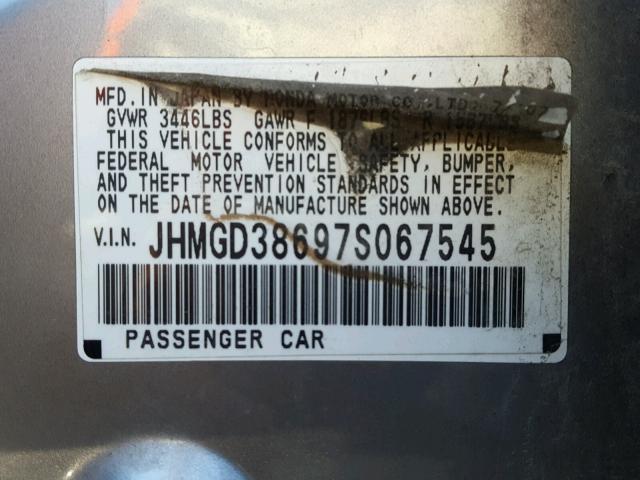 JHMGD38697S067545 - 2007 HONDA FIT S GRAY photo 10