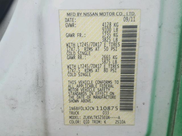 1N6BF0LX2CN110875 - 2012 NISSAN NV 2500 GREEN photo 10