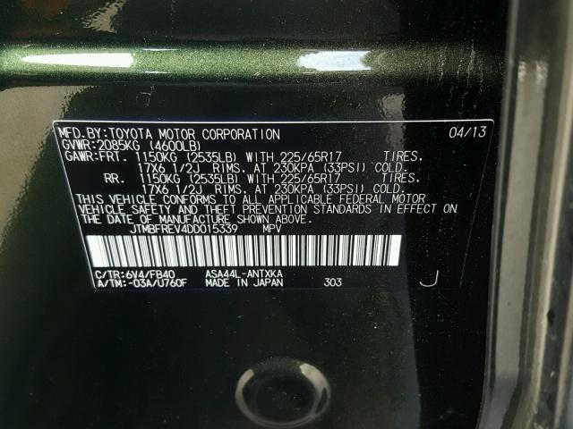 JTMBFREV4DD015339 - 2013 TOYOTA RAV4 LE Yaşıl foto 10