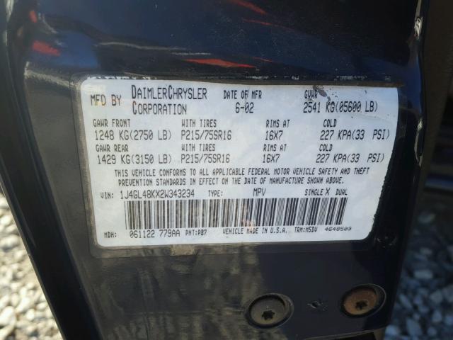 1J4GL48KX2W343234 - 2002 JEEP LIBERTY SP BLUE photo 10