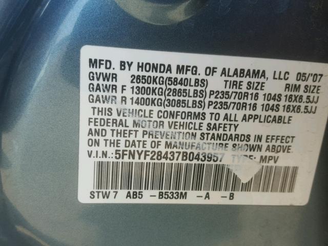 5FNYF28437B043957 - 2007 HONDA PILOT EX BLUE photo 10