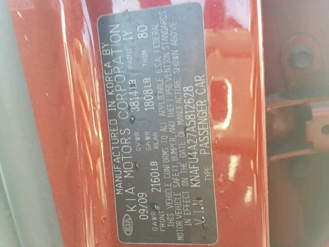 KNAFU4A27A5812628 - 2010 KIA FORTE EX RED photo 10