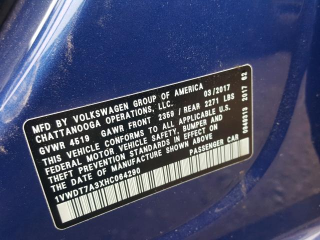 1VWDT7A3XHC064290 - 2017 VOLKSWAGEN PASSAT R-L BLUE photo 10