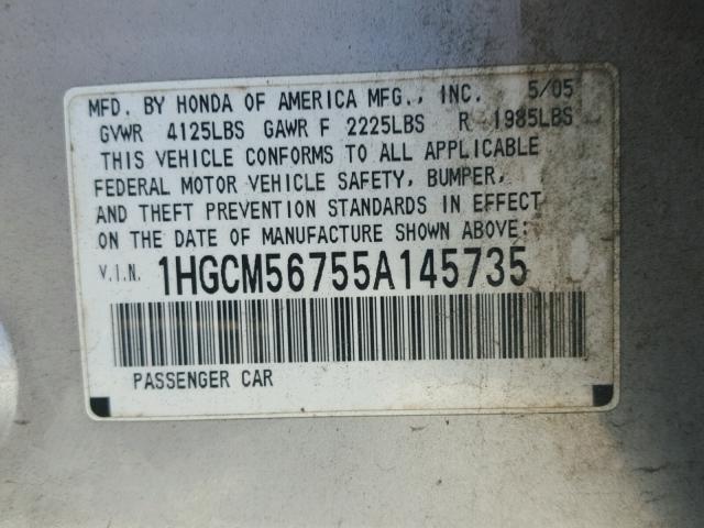 1HGCM56755A145735 - 2005 HONDA ACCORD EX SILVER photo 10