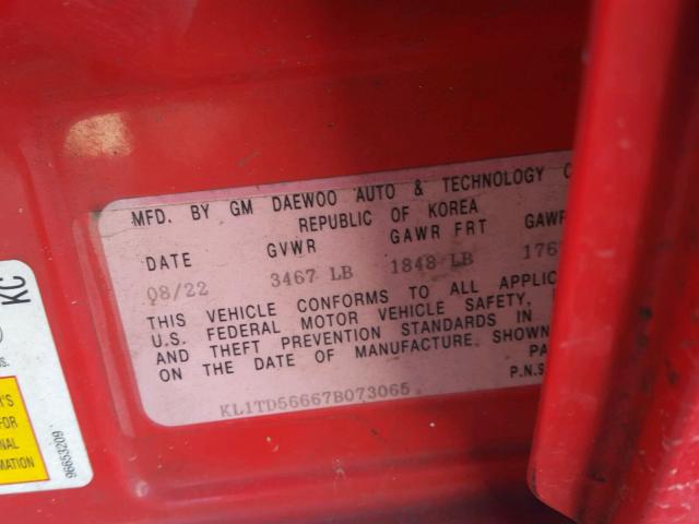 KL1TD56667B073065 - 2007 CHEVROLET AVEO BASE 红色 照片 10