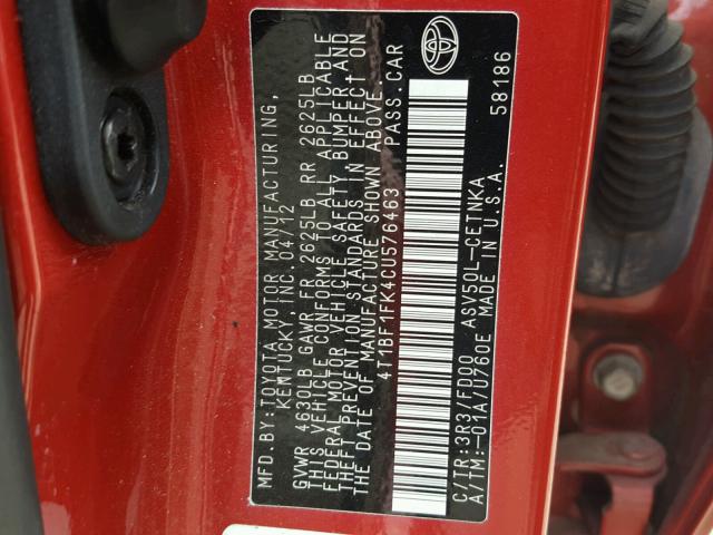 4T1BF1FK4CU576463 - 2012 TOYOTA CAMRY BASE RED photo 10