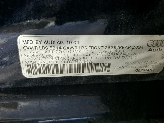 WAUDG74F05N056452 - 2005 AUDI A6 3.2 QUA BLUE photo 10