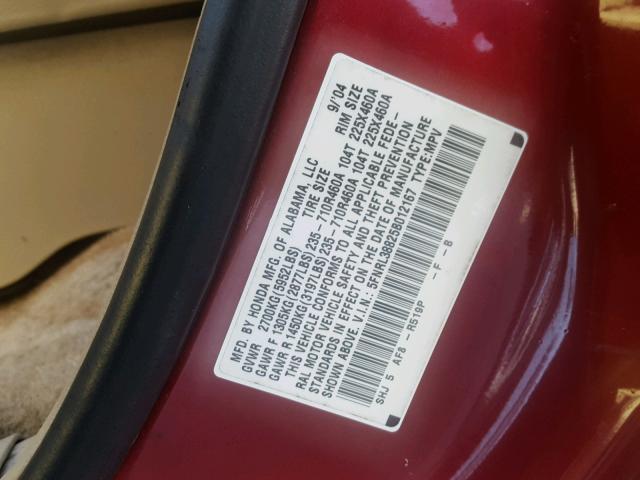 5FNRL38825B012167 - 2005 HONDA ODYSSEY TO RED photo 10