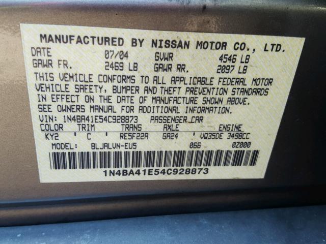 1N4BA41E54C928873 - 2004 NISSAN MAXIMA SE BEIGE photo 10