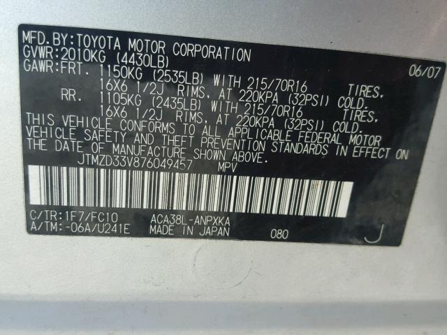 JTMZD33V876049457 - 2007 TOYOTA RAV4 SILVER photo 10