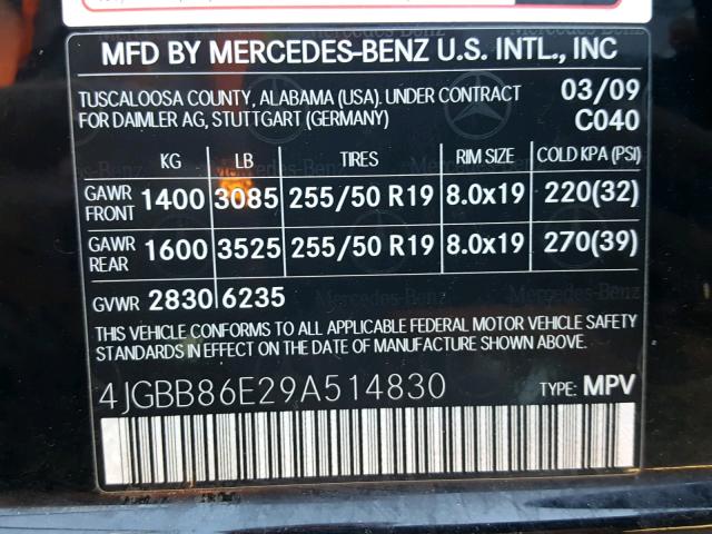 4JGBB86E29A514830 - 2009 MERCEDES-BENZ ML 350 BLACK photo 10