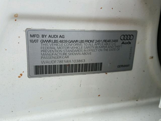 WAUDF78E58A103863 - 2008 AUDI A4 2.0T QU WHITE photo 10