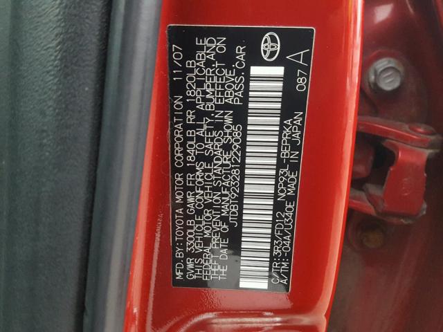 JTDBT923281229085 - 2008 TOYOTA YARIS RED photo 10